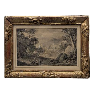 an old picture of a painting of a castle in a wooded area