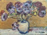 a painting of flowers in a vase on a table