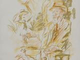 drawing of a man sitting on a bench with a dog next to him