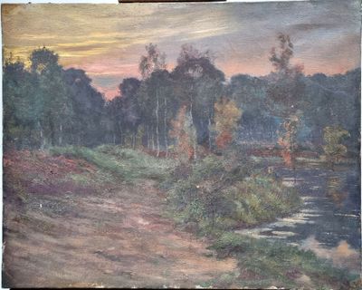 a painting of a landscape with a river in the foreground