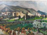 an oil painting of a landscape with a mountain in the background