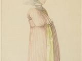 dessin représentant une femme vêtue d'une robe rose et portant un chapeau