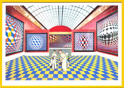 a painting of two people standing in a room with a checkered floor