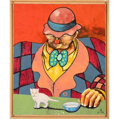 a painting of a clown with a cat on the table