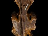 a close up of a piece of wood with a knife sticking out of it