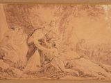 drawing of a man and a woman in a wooded setting