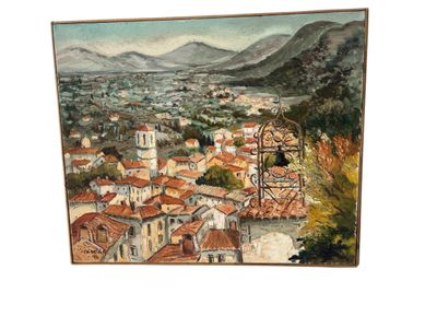 painting of a view of a town with a ferris wheel in the foreground