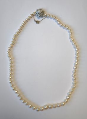 gros plan d'un collier de perles blanches sur une surface blanche