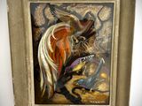 an oil painting of a horse and a bird in a frame