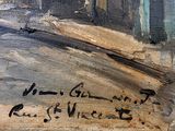 an oil painting of a street scene with a man walking down the street