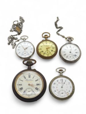 five different types of pocket watches on a white background