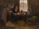 a painting of two women sitting at a table in front of a window