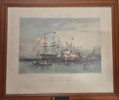 tableau représentant un bateau sur l'eau, avec d'autres bateaux en arrière-plan