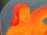 a painting of a woman with a red hat on