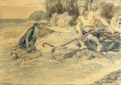 un tableau représentant deux hommes dans un bateau sur l'eau