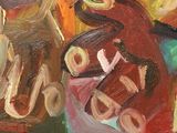 a painting of a vase of food on a table