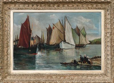 un tableau représentant un groupe de voiliers sur l'eau