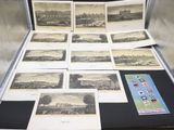 many pictures of a train on display in a case