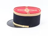 a red and black hat with gold trim on a white background