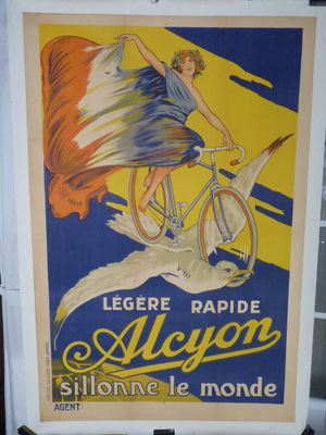 affiche représentant une femme à vélo avec un drapeau à l'arrière