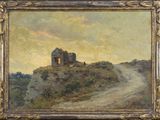 an oil painting of a small building on a hill with a dirt road in the foreground