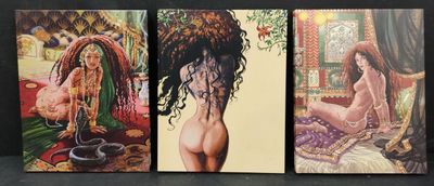 three paintings of a woman sitting on a bed with a mirror