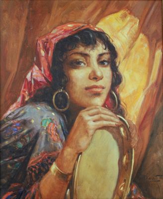 an oil painting of a woman with a mirror in her hand