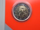 a close up of a coin in a plastic holder on a red surface
