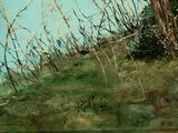 a painting of a man sitting on a bench by a tree