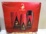 the box is red and black with a gold scorpion on it