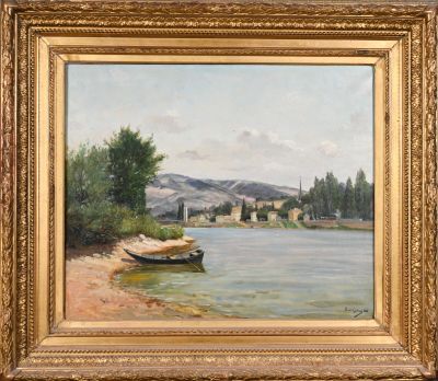 an oil painting of a boat on a lake with a mountain in the background