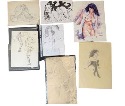 many sketches of a woman and a man on a sheet of paper