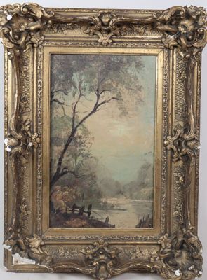a painting of a river scene in a gold frame on a wall