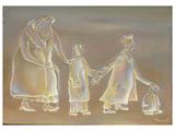 painting of three women and a child holding hands with a bird