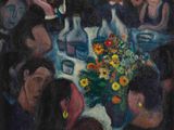 tableau représentant un groupe de personnes assises autour d'une table avec un vase de fleurs
