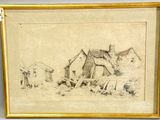 an image of a drawing of a farm scene in a gold frame