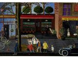 a painting of a street scene with people and a dog