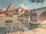 painting of a river scene with a bridge and a church in the background