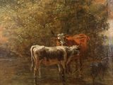 painting of cows in a river with trees and bushes in the background