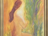 a painting of a woman sitting in a field of grass
