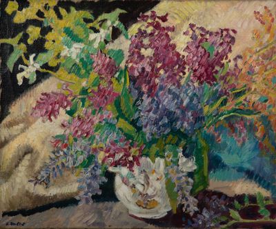 une peinture de fleurs dans un vase sur une table