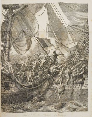 un vieux dessin représentant un bateau rempli de gens sur un plan d'eau