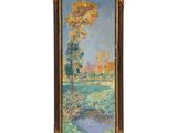 une peinture à l'huile représentant un paysage avec des arbres et une rivière