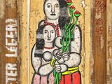 painting of a woman holding a child and a flower in a wooden frame