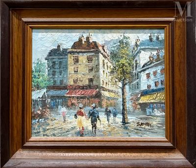 une peinture représentant une scène de rue avec des personnes marchant dans la rue