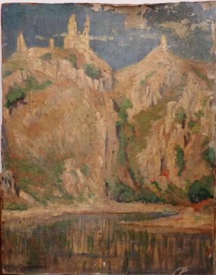 une image représentant un tableau d'un château situé sur une montagne