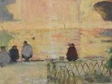 painting of a group of people sitting on a bench next to a body of water