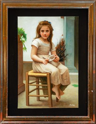 painting of a young girl sitting on a chair with a basket of flowers in front of her