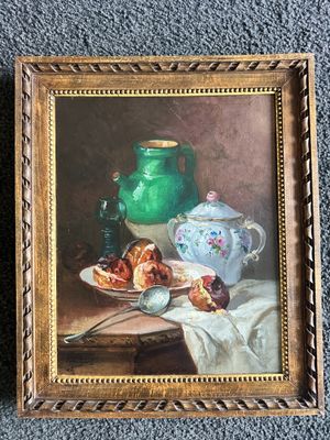 painting of a still life with a green vase and a plate of pastries