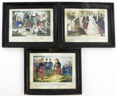 GRAVURES. Suite de 3 lithographies rehaussées en couleur et …